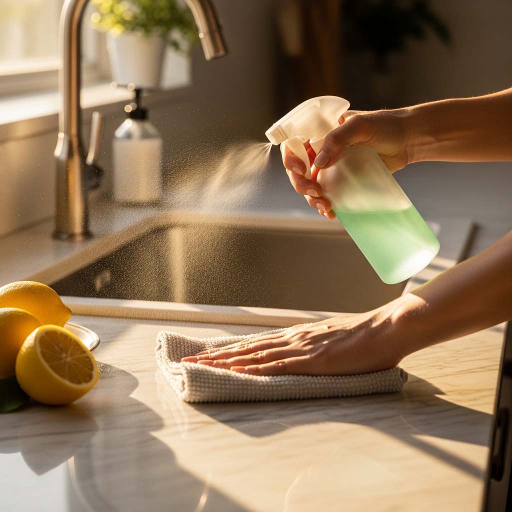Using plant based cleaner spray for effective kitchen surface cleaning