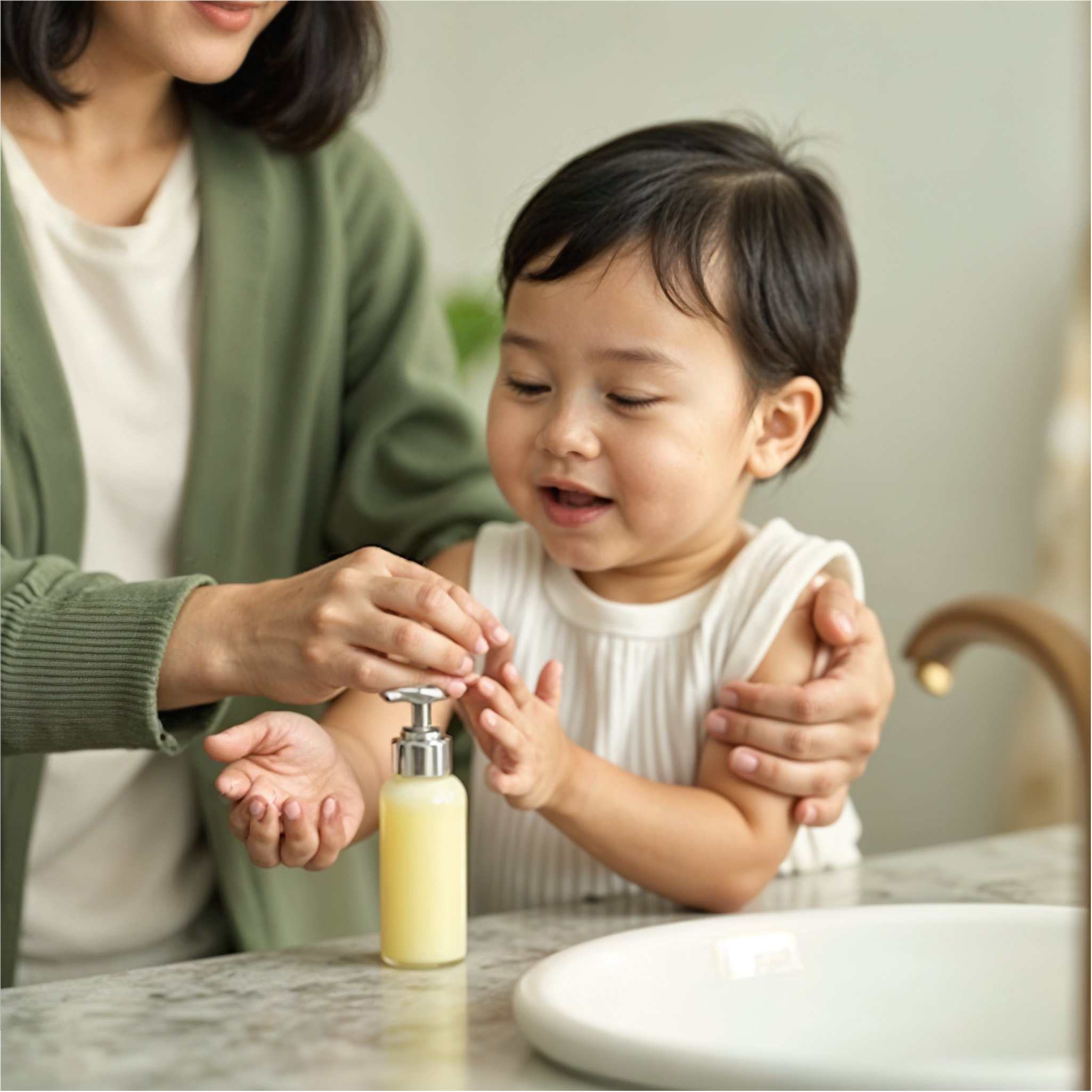 Parent helping child wash hands, demonstrating daily hygiene and healthcare practices
