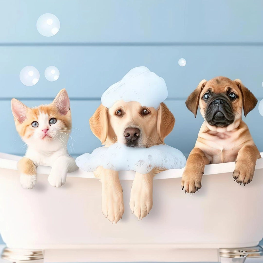 Pet bathing routine showing hygiene and grooming as part of natural pet care practices