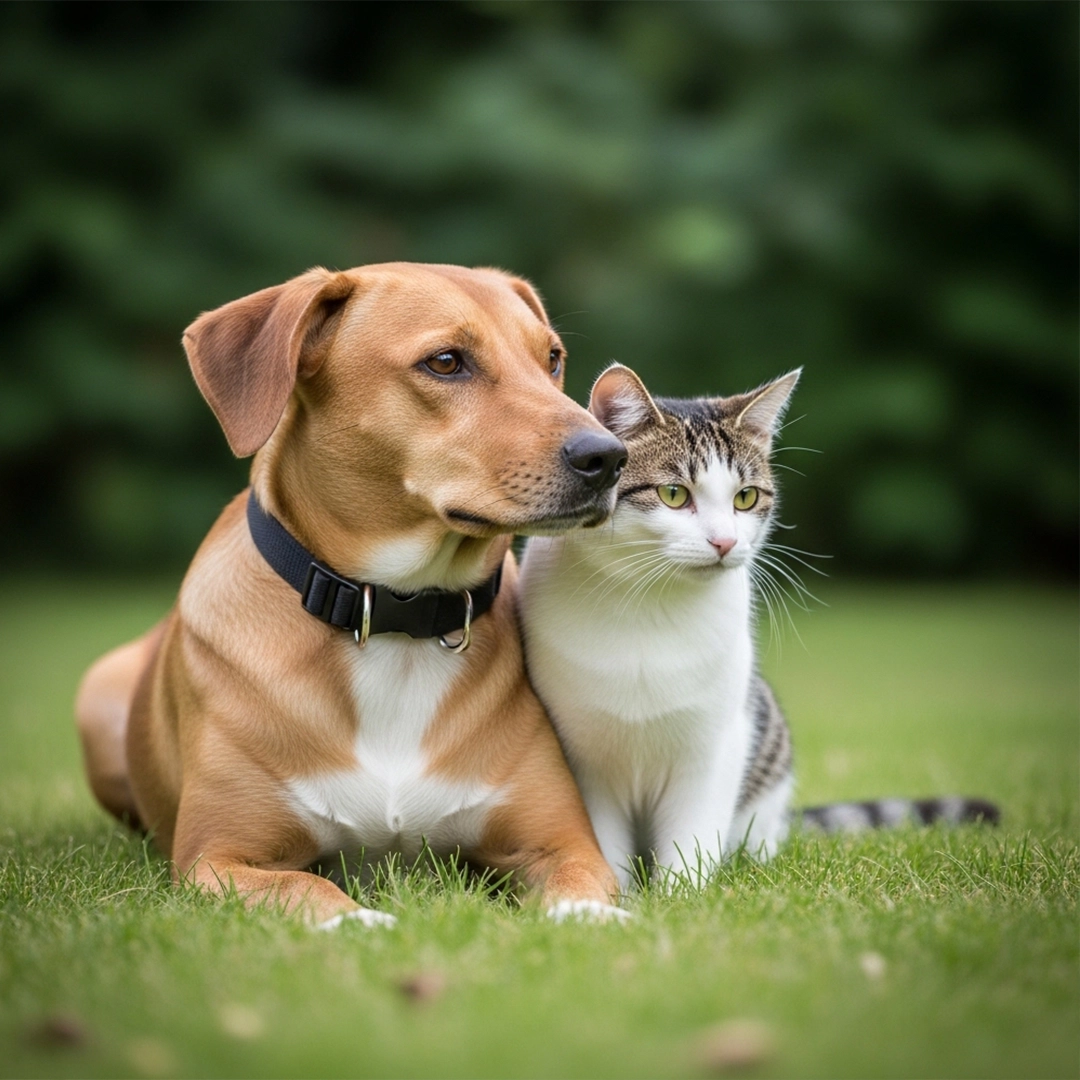  A dog and a cat resting together outdoors, representing natural pet care and companion animal wellness