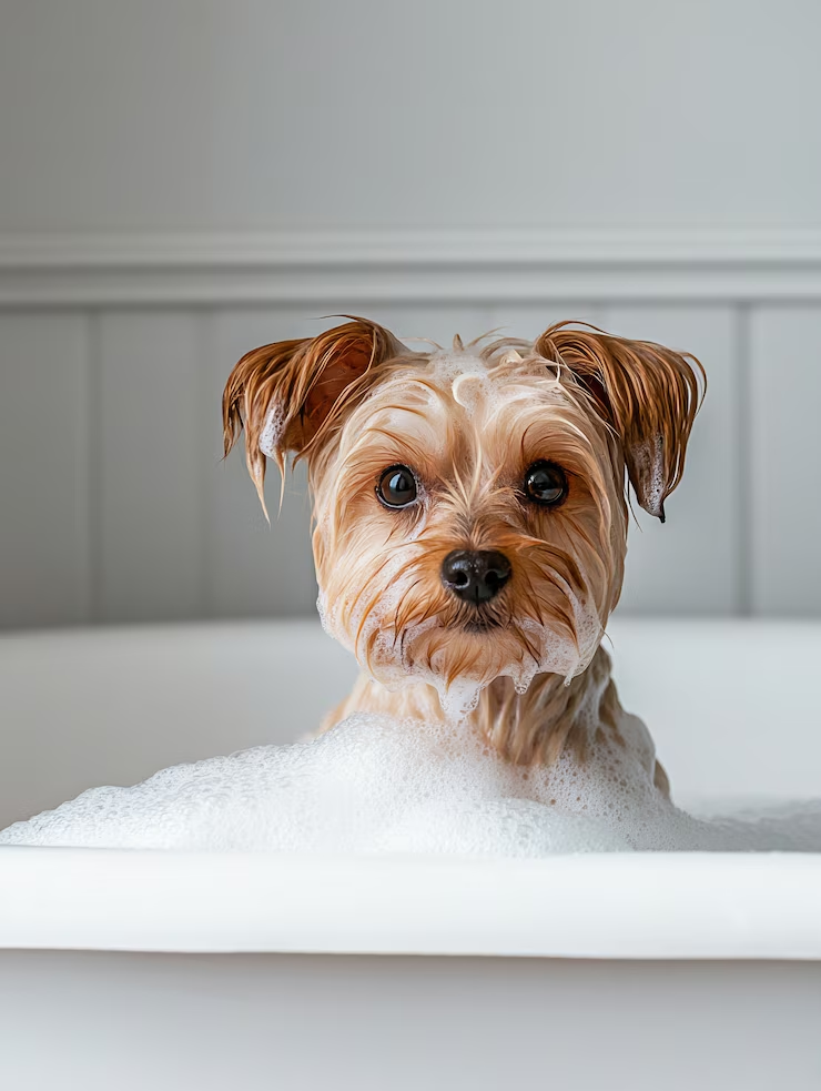 Dog bathing with gentle veterinary products for pet hygiene and skin care